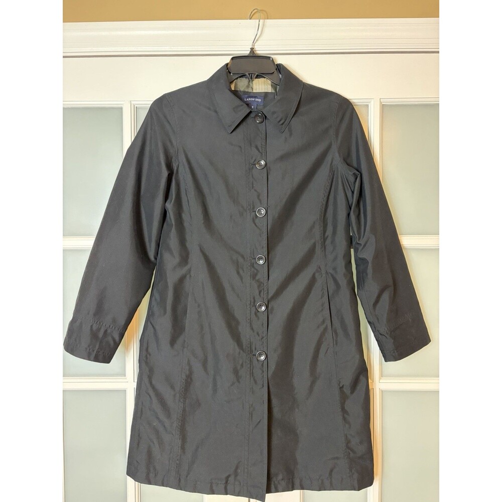 Lands’ End Black Button Front Light Weight Trench Coat Plaid Lining Women’s S